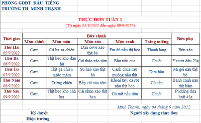 THỰC ĐƠN BÁN TRÚ TUẦN 1